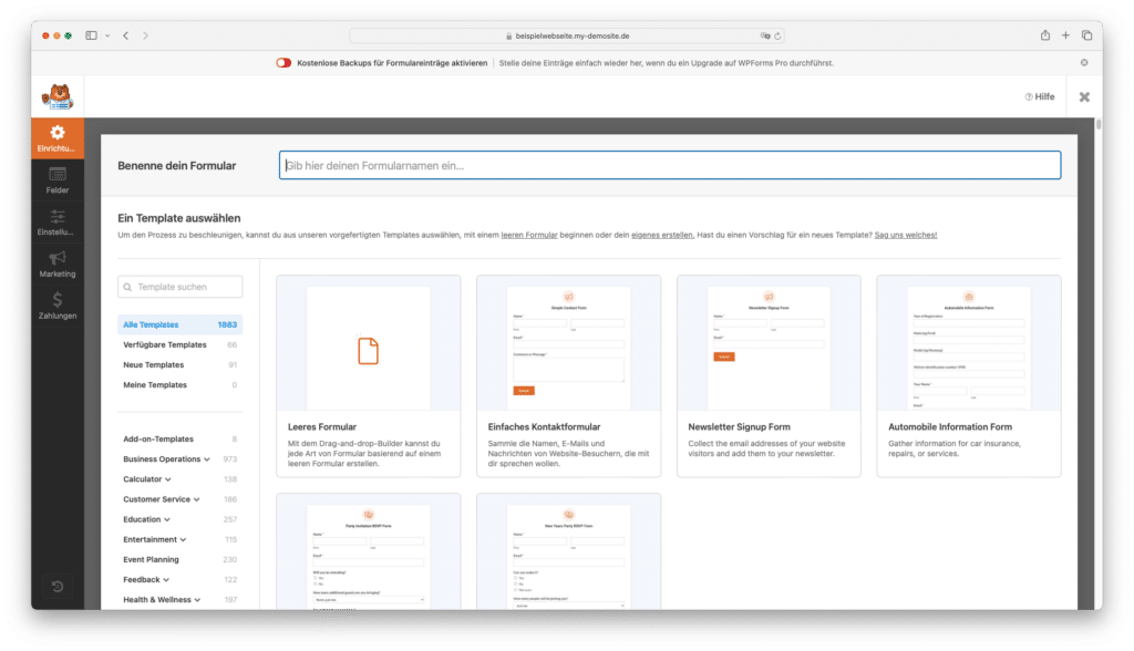 Screenshot: WP-Forms Installations-Assistent